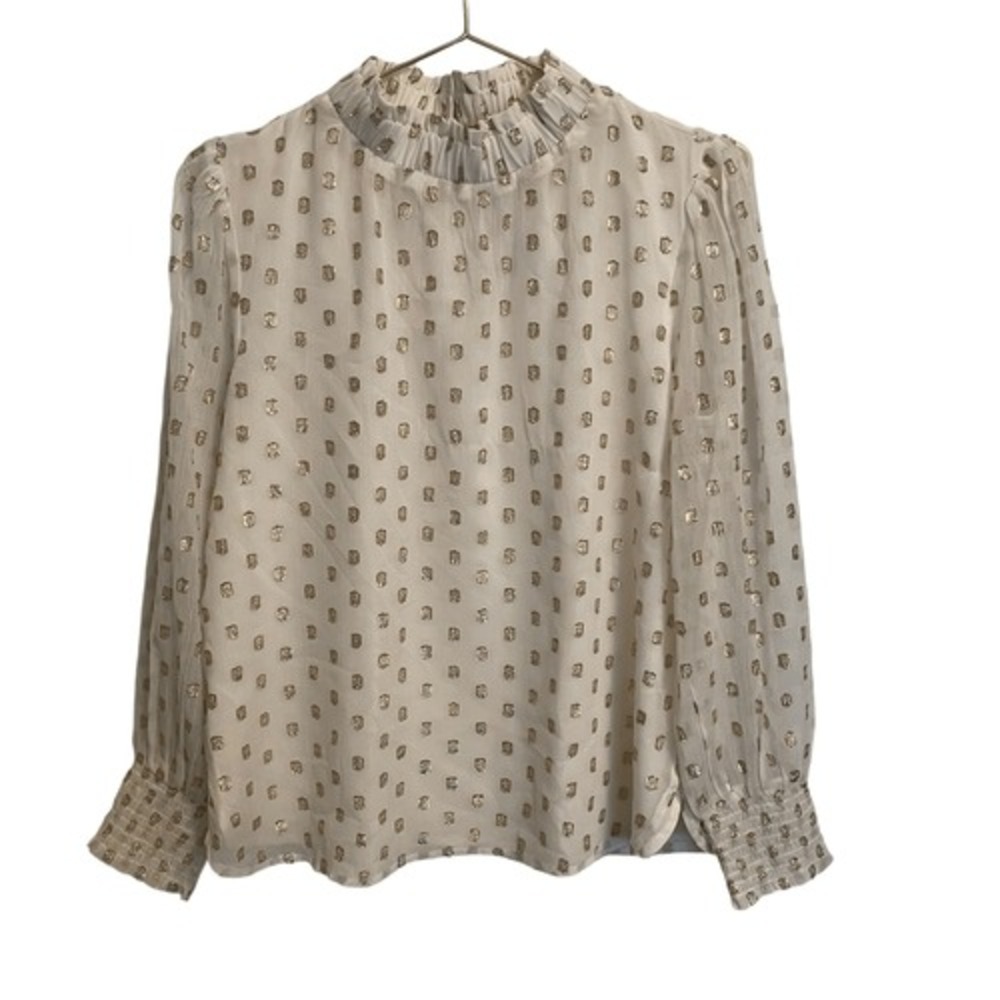 LOFT White Gold Metallic Clip Dot Ruffle Mock Neck Blouse Small NWT